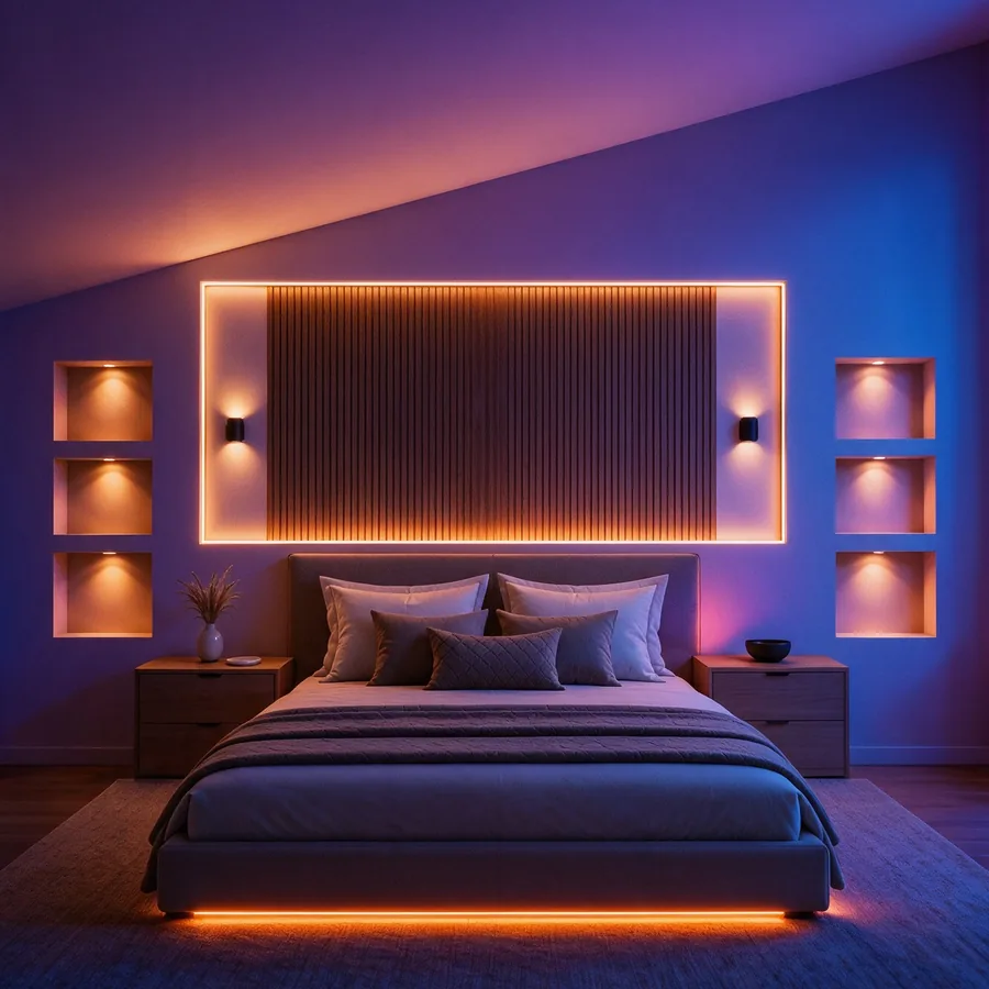 Chambre avec deux colonnes de niches éclairées, un cadre lumineux derrière la tête de lit et un ruban LED sous le lit, en scène couleur.