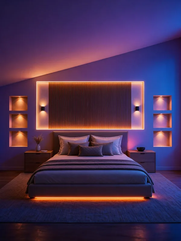 Chambre en scène couleur Hue : niches éclairées de part et d'autre du lit, cadre lumineux derrière la tête de lit, murs en violet et bleu.