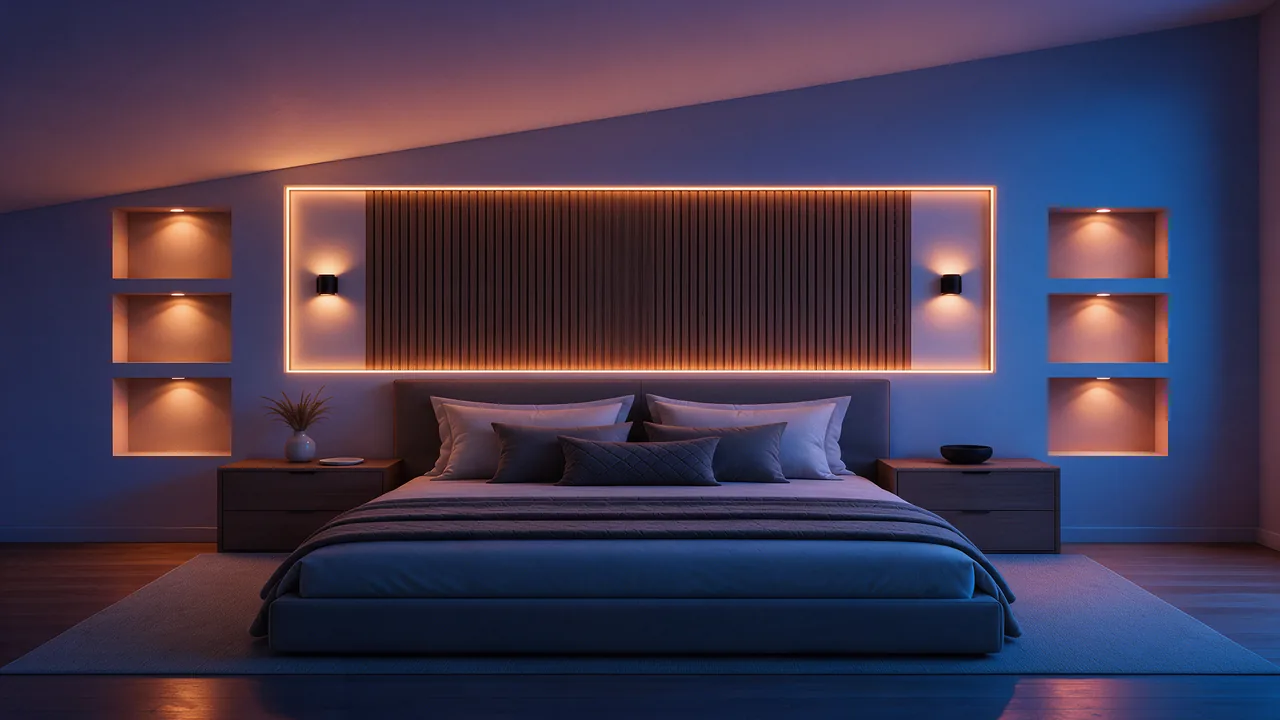 Chambre, après : Deux niches de trois spots GU10, un ruban LED en cadre derrière la tête de lit et deux appliques haut et bas. Interrupteurs sans fil à portée de main.