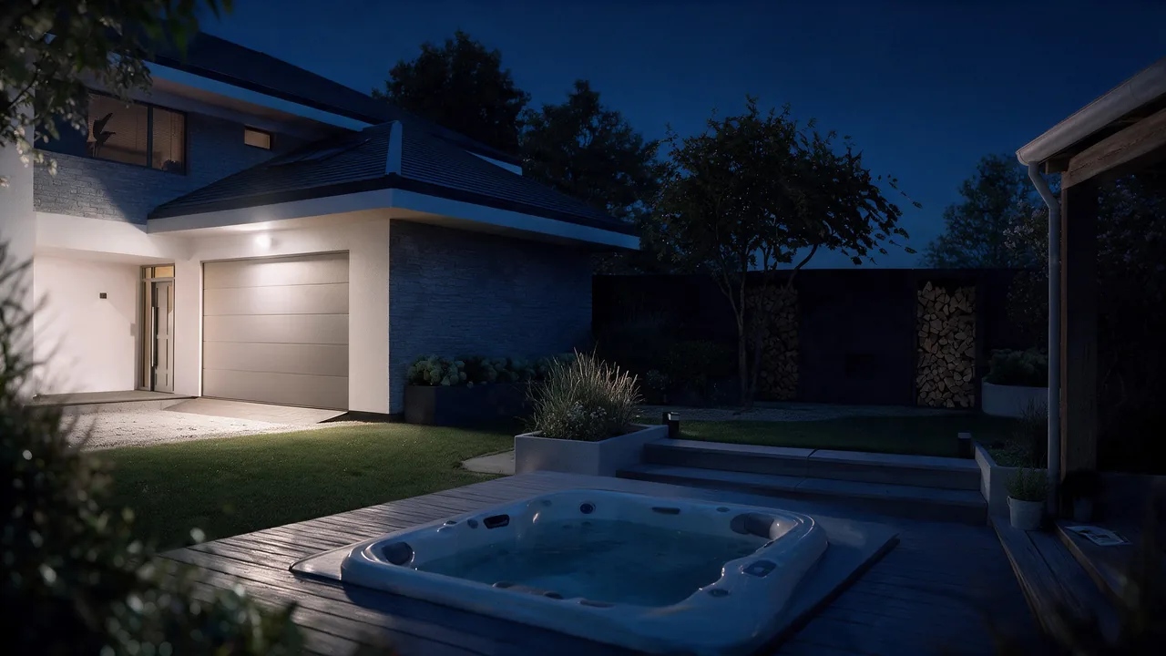 Extérieur, avant : Un projecteur au-dessus du garage : une lumière blanche et crue sur l'entrée, le jardin et la terrasse disparaissent à la nuit tombée.