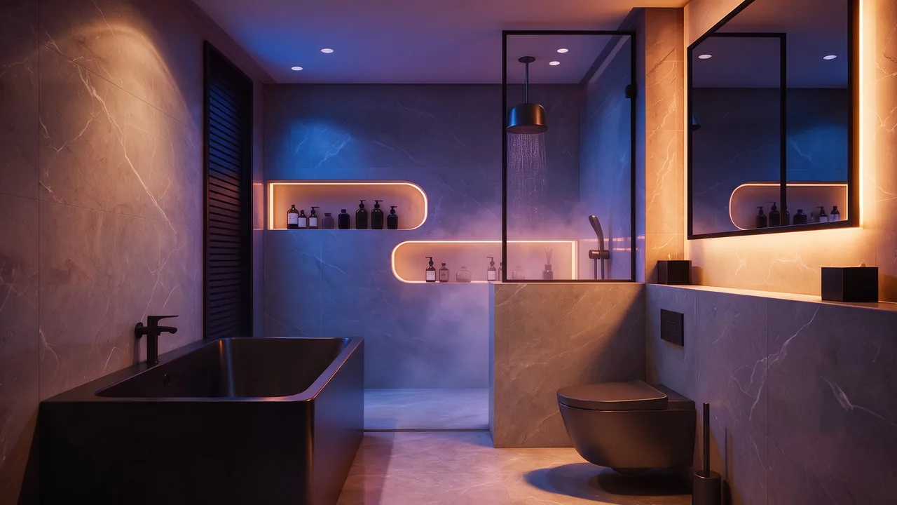 Salle de bain, après : Miroir rétroéclairé, niches arrondies soulignées d'un ruban LED, spots basse luminance au plafond. La nuit, juste les niches en lumière très douce.