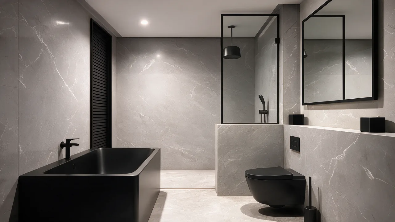 Salle de bain, avant : Un seul spot au plafond : une lumière blanche et froide, des ombres sur le visage au miroir.