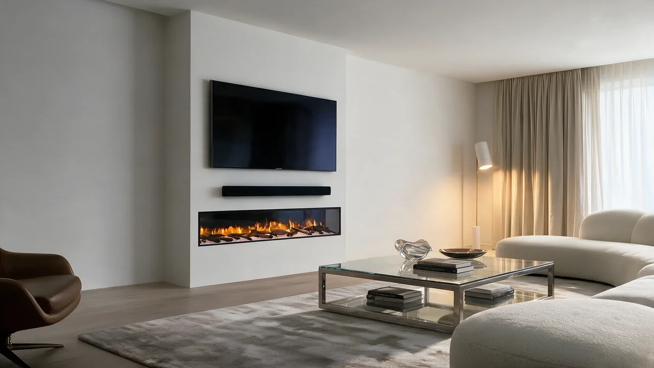 Séjour, avant : Un seul lampadaire dans un coin : le soir, le mur TV et les volumes disparaissent dans l'ombre.